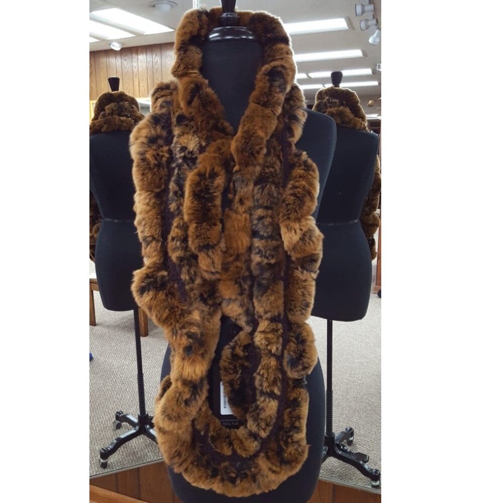CLEARANCE Copper Rex Rabbit Fur and Knit Ruffle Infinity Scarf - Picture 2 of 4